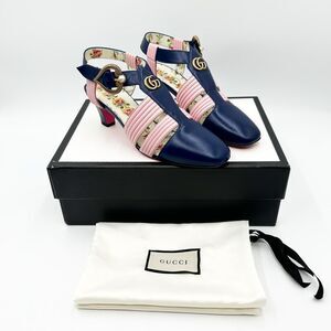 Gucci GG T Strap Sandals Pumps Heels Navy Pink EU 38 US 8